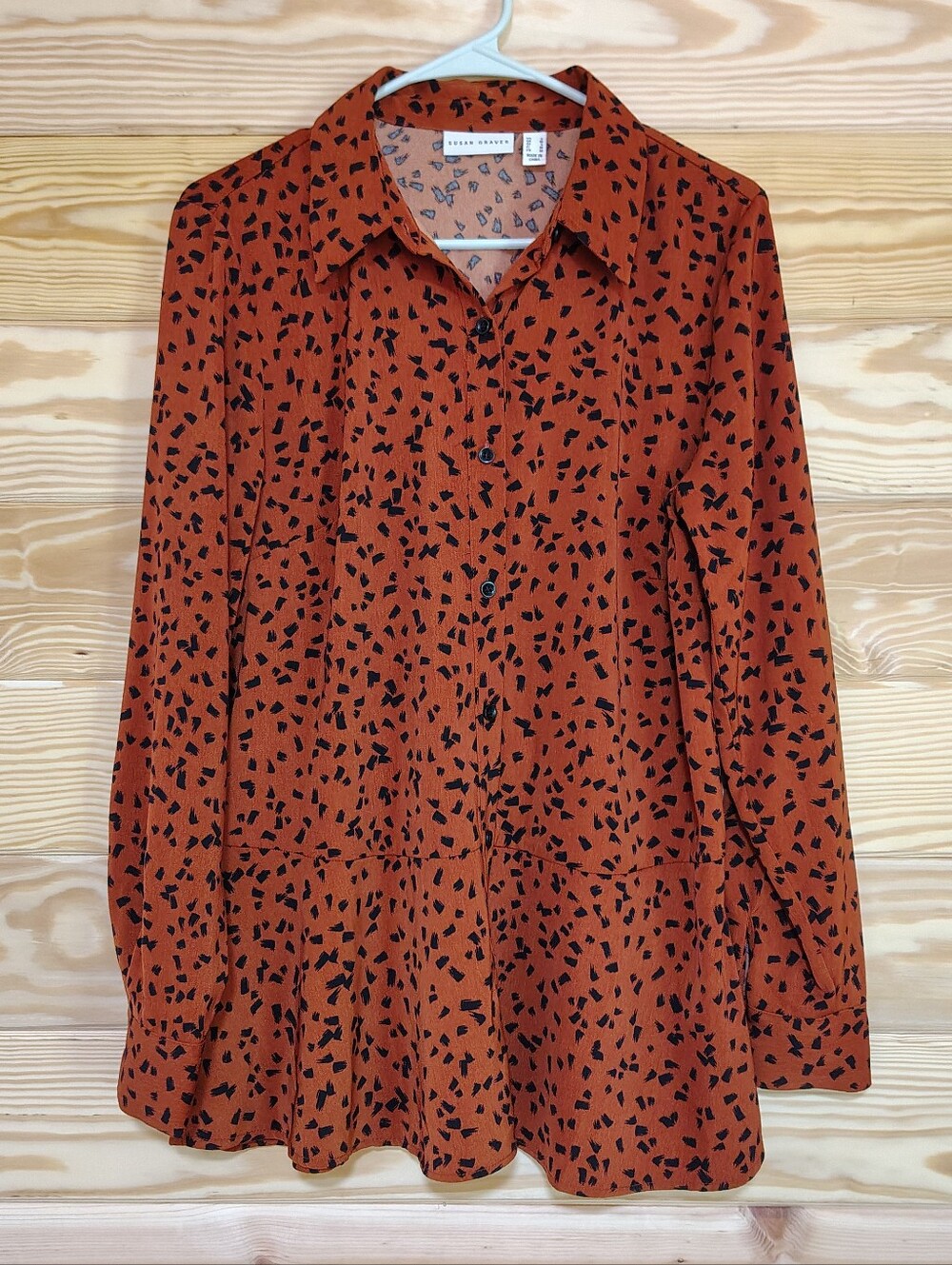 Susan Graver Peplum Tunic Top S Rust Black Button Front Long Sleeve Minimalist